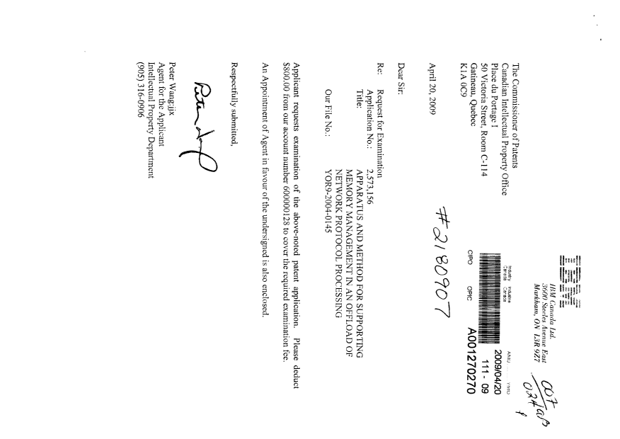 Canadian Patent Document 2573156. Correspondence 20090420. Image 1 of 2