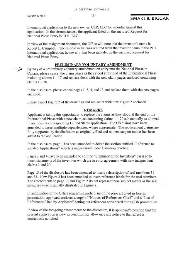 Canadian Patent Document 2573769. Prosecution-Amendment 20070112. Image 2 of 19