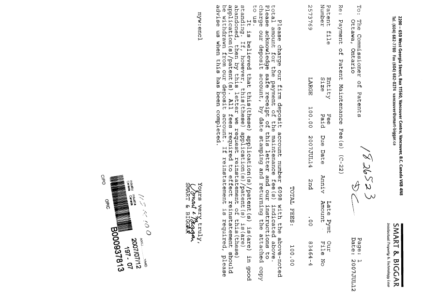 Document de brevet canadien 2573769. Taxes 20070712. Image 1 de 1