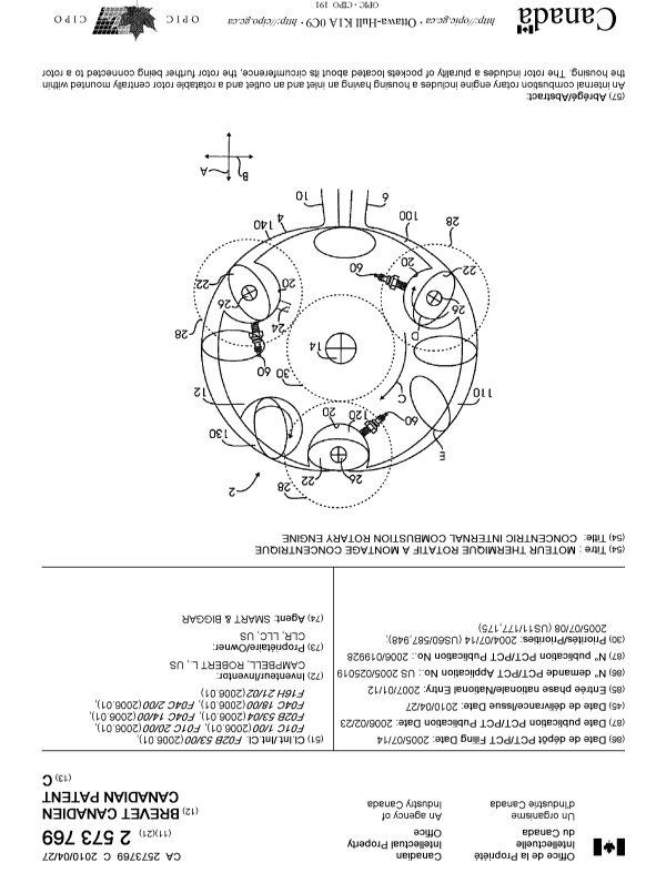 Canadian Patent Document 2573769. Cover Page 20100408. Image 1 of 2