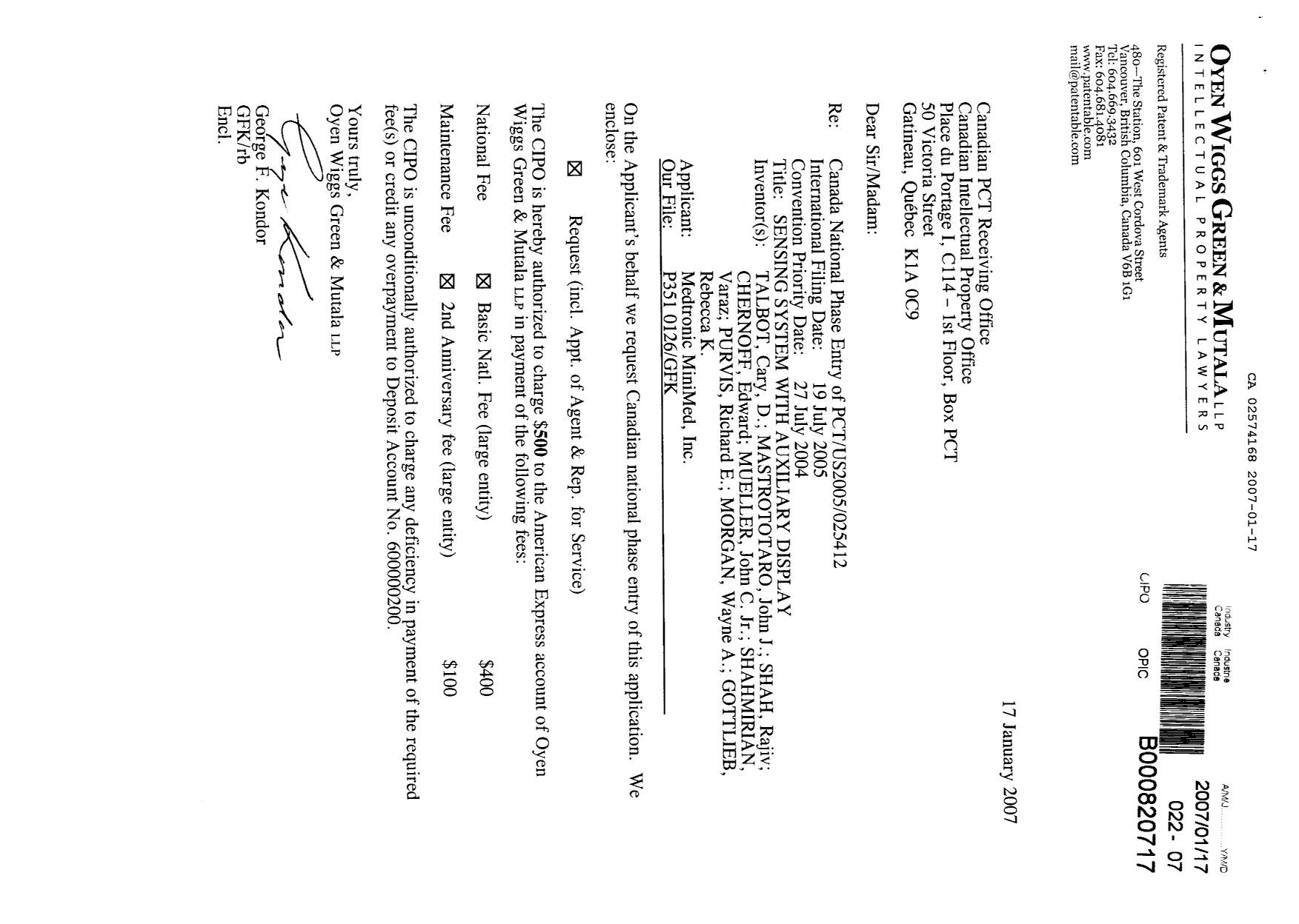 Canadian Patent Document 2574168. Assignment 20070117. Image 1 of 7