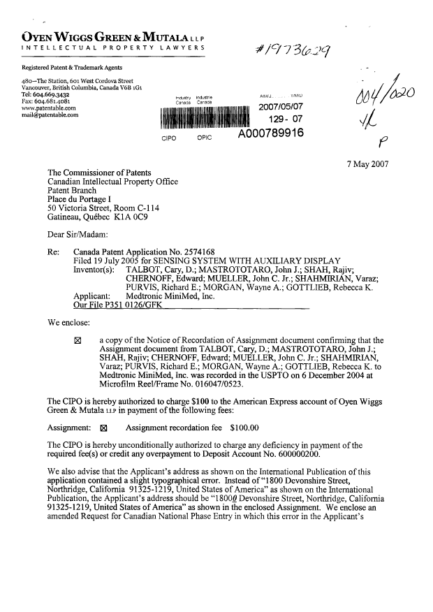 Document de brevet canadien 2574168. Cession 20070117. Image 2 de 7