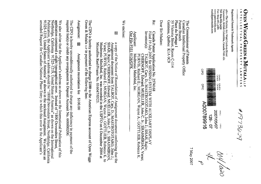 Canadian Patent Document 2574168. Assignment 20070117. Image 2 of 7