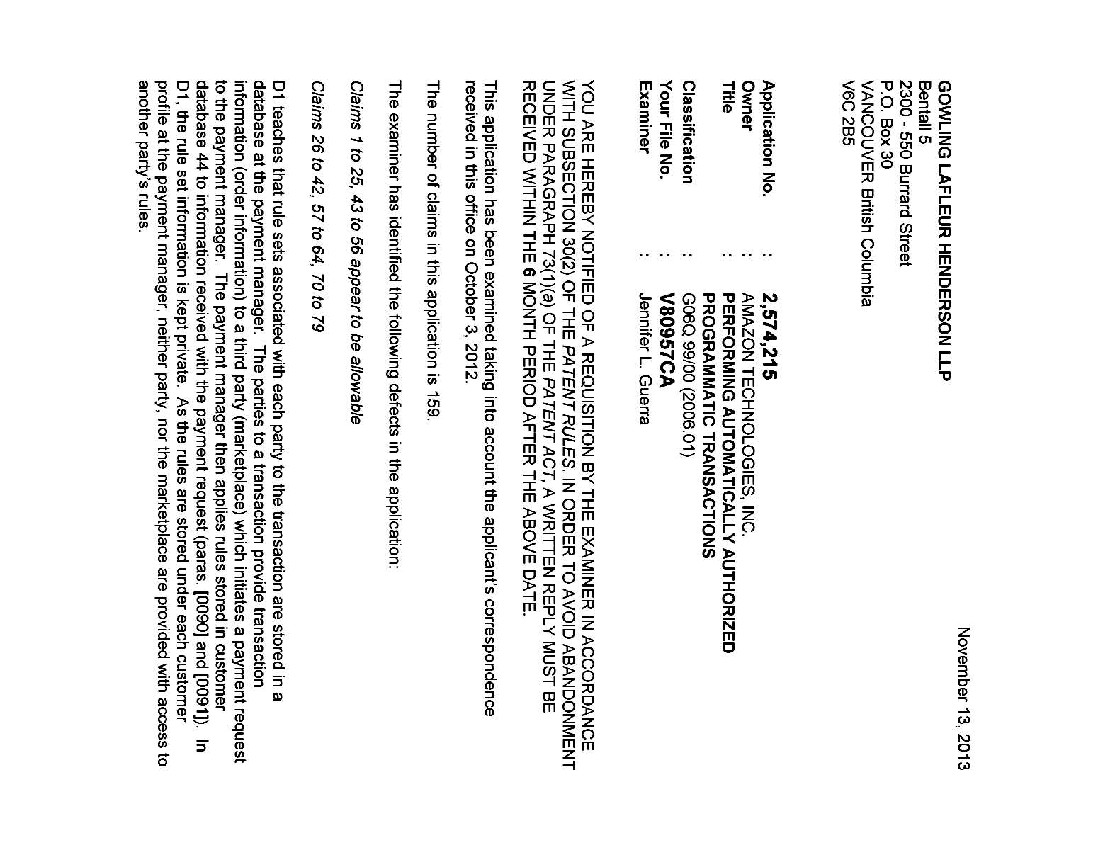 Document de brevet canadien 2574215. Poursuite-Amendment 20121213. Image 1 de 4