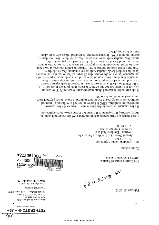 Canadian Patent Document 2574343. Correspondence 20120221. Image 1 of 2