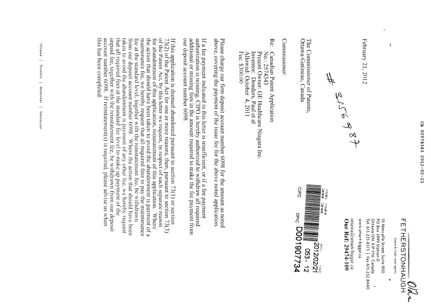 Document de brevet canadien 2574343. Correspondance 20120221. Image 1 de 2