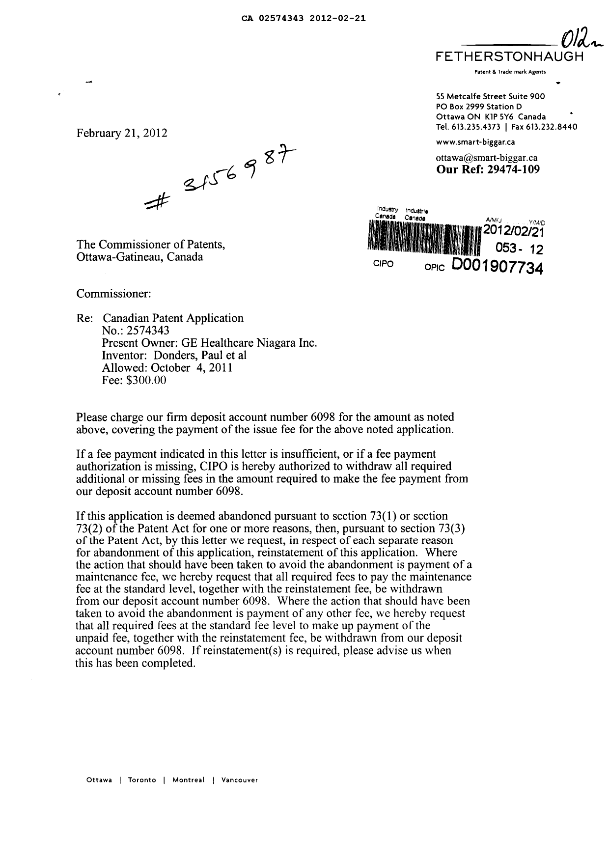 Document de brevet canadien 2574343. Correspondance 20120221. Image 1 de 2
