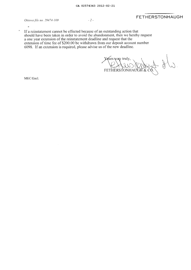 Document de brevet canadien 2574343. Correspondance 20120221. Image 2 de 2