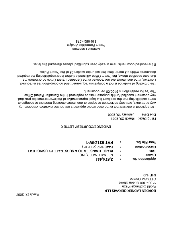 Document de brevet canadien 2574441. Correspondance 20070319. Image 1 de 1