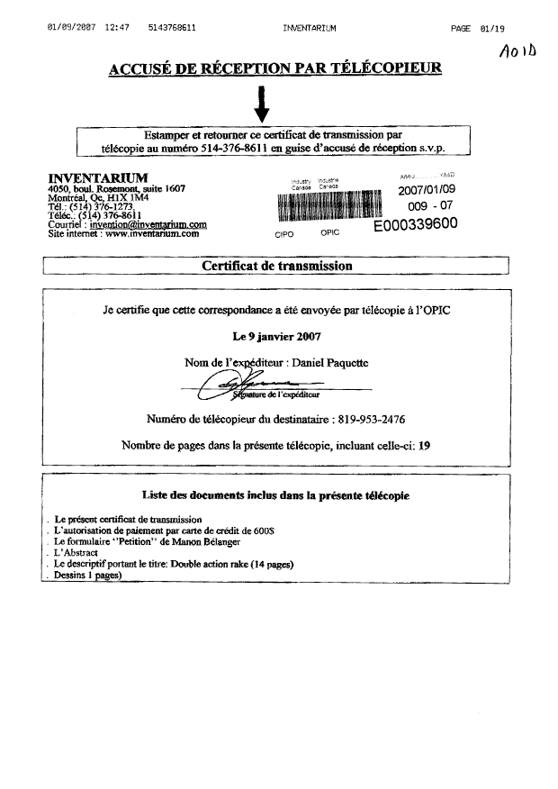 Document de brevet canadien 2574445. Cession 20070109. Image 1 de 3