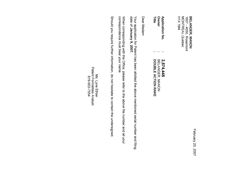 Canadian Patent Document 2574445. Correspondence 20070215. Image 1 of 1