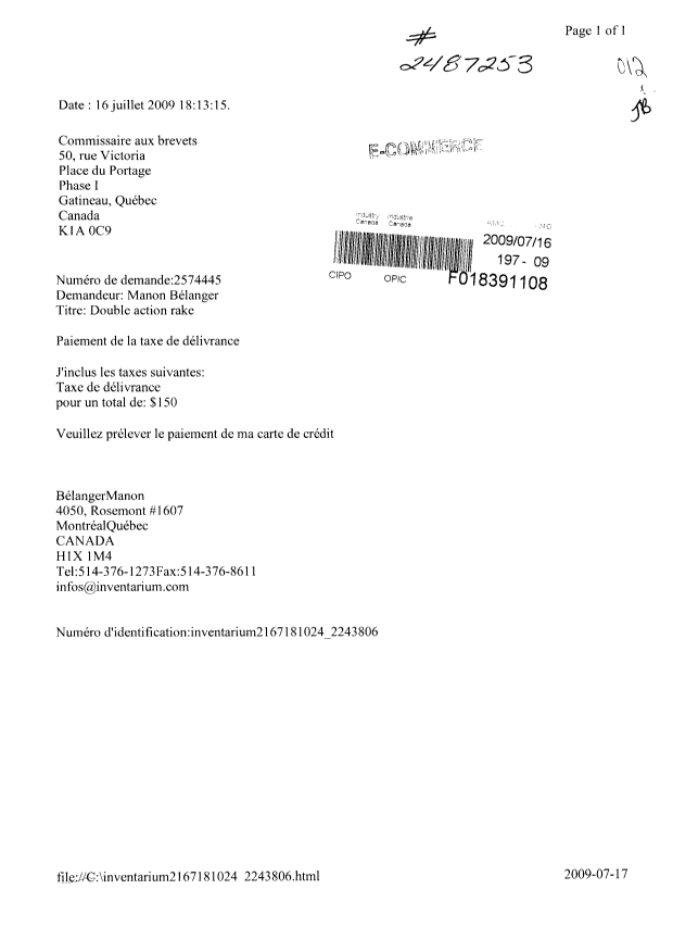 Document de brevet canadien 2574445. Correspondance 20090716. Image 1 de 1