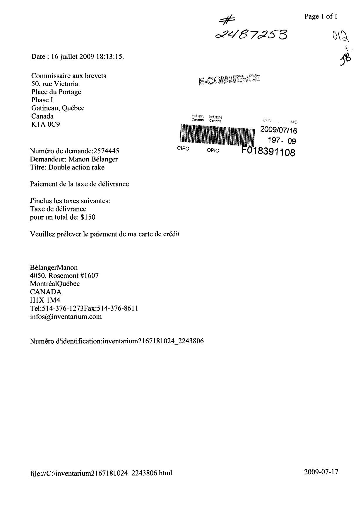 Canadian Patent Document 2574445. Correspondence 20090716. Image 1 of 1