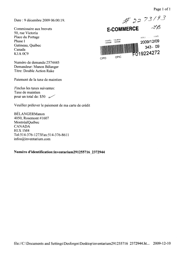 Document de brevet canadien 2574445. Taxes 20091209. Image 1 de 1