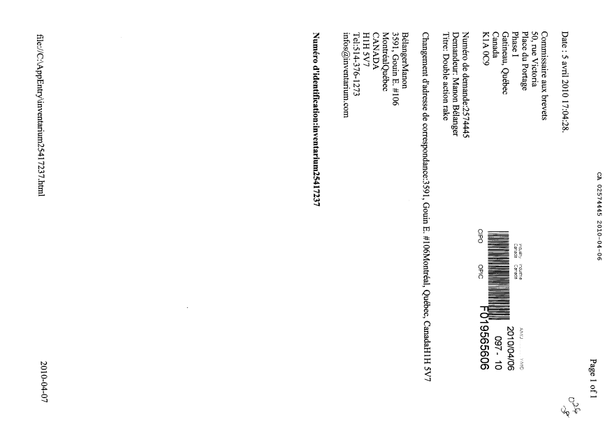Canadian Patent Document 2574445. Correspondence 20100406. Image 1 of 1