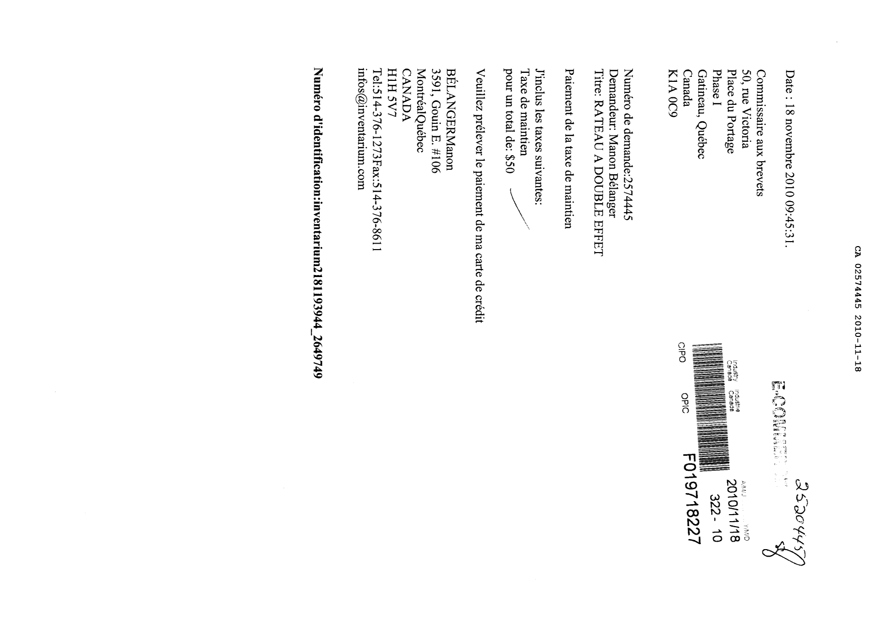Document de brevet canadien 2574445. Taxes 20101118. Image 1 de 1