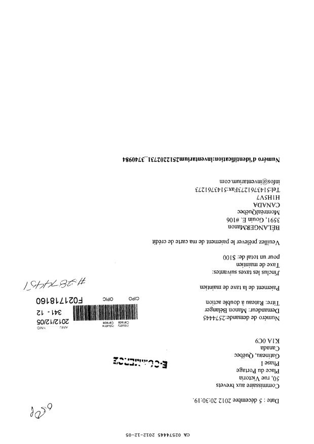 Document de brevet canadien 2574445. Taxes 20121205. Image 1 de 1