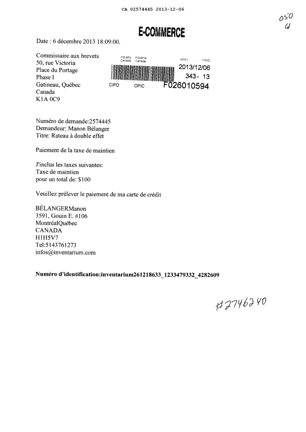 Document de brevet canadien 2574445. Taxes 20131206. Image 1 de 1