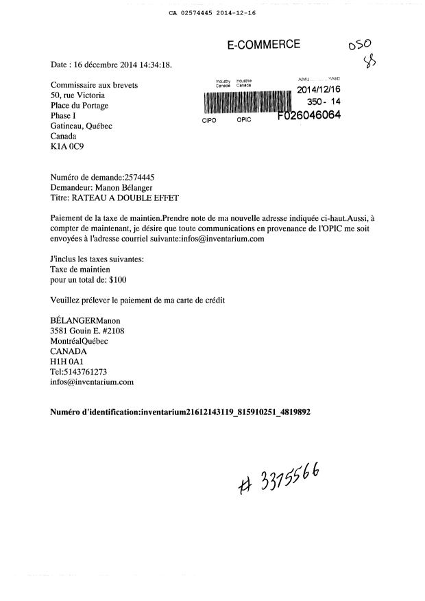 Document de brevet canadien 2574445. Taxes 20141216. Image 1 de 1