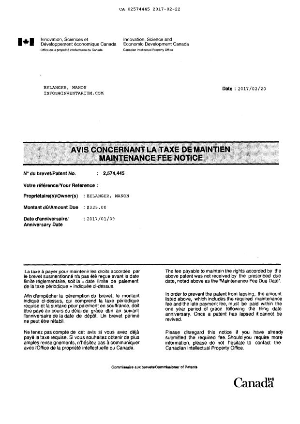 Canadian Patent Document 2574445. Maintenance Fee Correspondence 20170222. Image 5 of 5