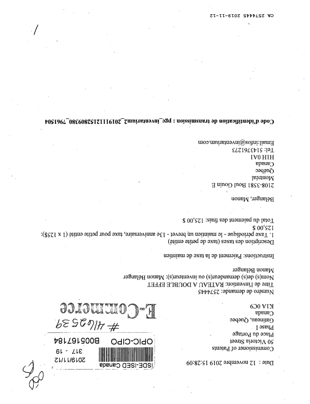 Document de brevet canadien 2574445. Paiement de taxe périodique 20191112. Image 1 de 1