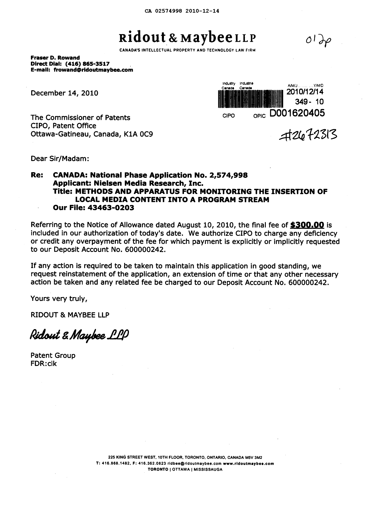 Document de brevet canadien 2574998. Correspondance 20101214. Image 1 de 1