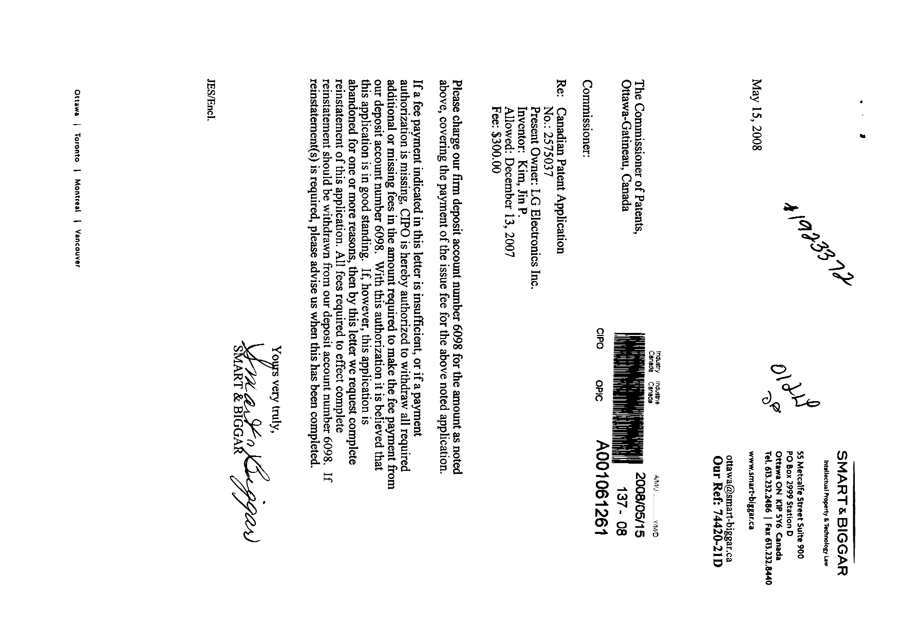 Document de brevet canadien 2575037. Correspondance 20071215. Image 1 de 1