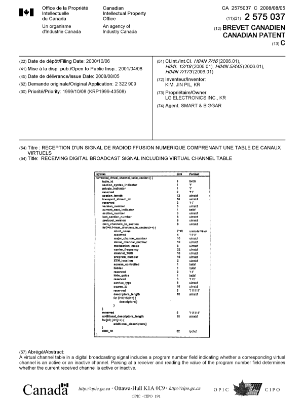 Document de brevet canadien 2575037. Page couverture 20080725. Image 1 de 1