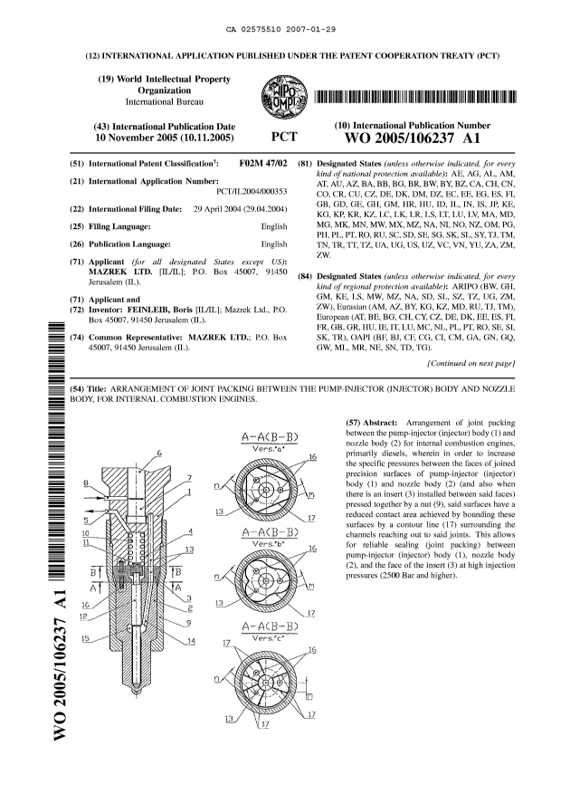 Canadian Patent Document 2575510. Abstract 20070129. Image 1 of 2
