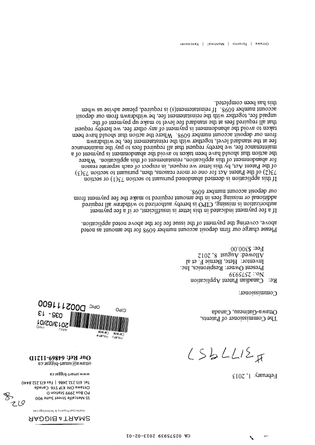 Canadian Patent Document 2575939. Correspondence 20130201. Image 1 of 2