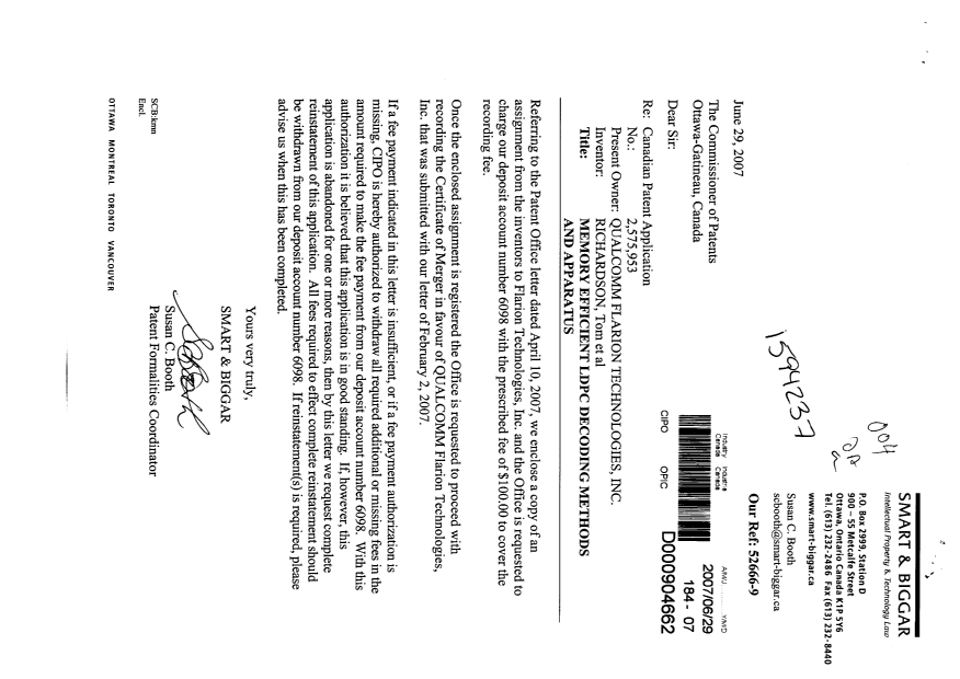 Document de brevet canadien 2575953. Cession 20070629. Image 1 de 6