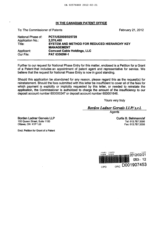 Canadian Patent Document 2576460. Correspondence 20120221. Image 1 of 3