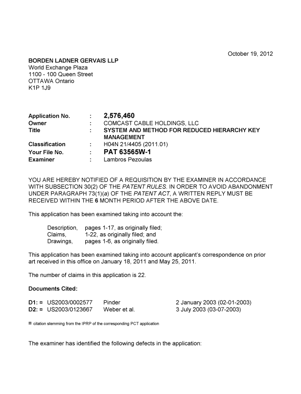 Canadian Patent Document 2576460. Prosecution-Amendment 20121019. Image 1 of 3