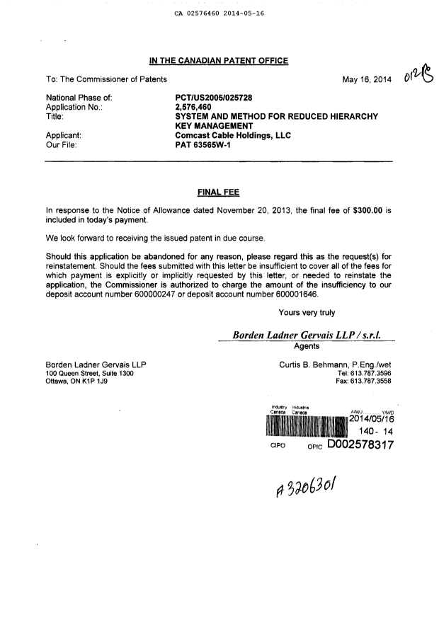 Canadian Patent Document 2576460. Correspondence 20140516. Image 1 of 1