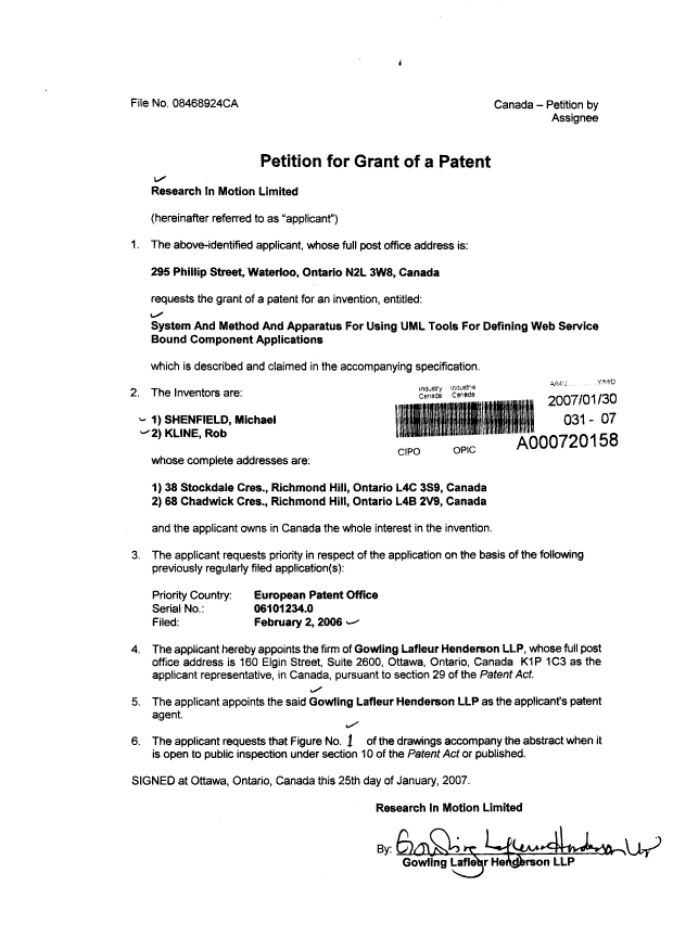 Document de brevet canadien 2576478. Cession 20070130. Image 2 de 6