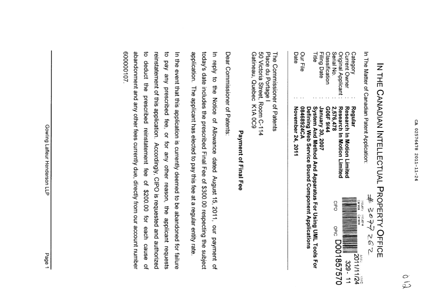 Document de brevet canadien 2576478. Correspondance 20111124. Image 1 de 2