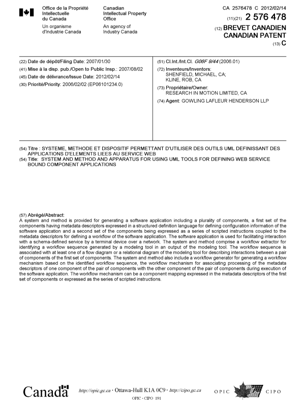 Canadian Patent Document 2576478. Cover Page 20120118. Image 1 of 1