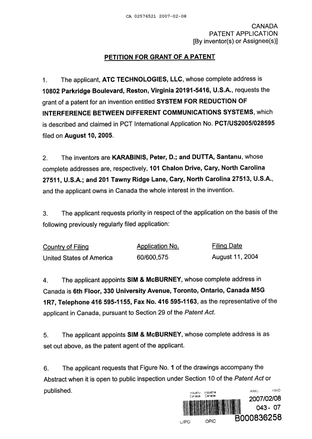 Document de brevet canadien 2576521. Cession 20070208. Image 3 de 3