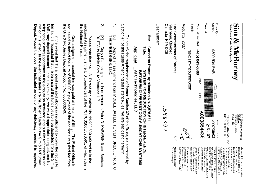 Document de brevet canadien 2576521. Cession 20070802. Image 1 de 41