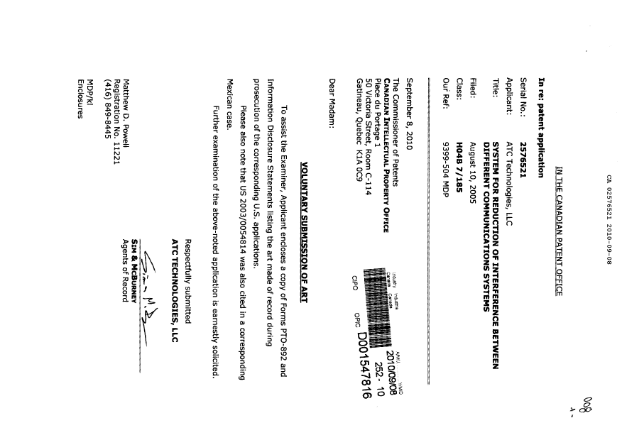Document de brevet canadien 2576521. Poursuite-Amendment 20100908. Image 1 de 1