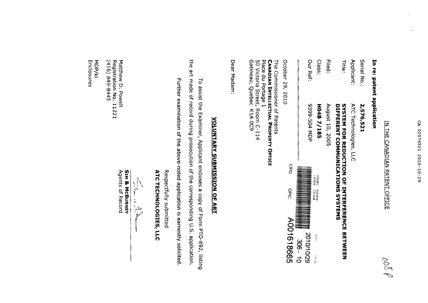 Document de brevet canadien 2576521. Poursuite-Amendment 20101029. Image 1 de 1