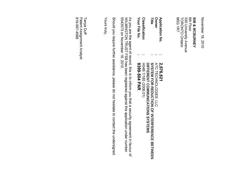 Document de brevet canadien 2576521. Correspondance 20101118. Image 1 de 1