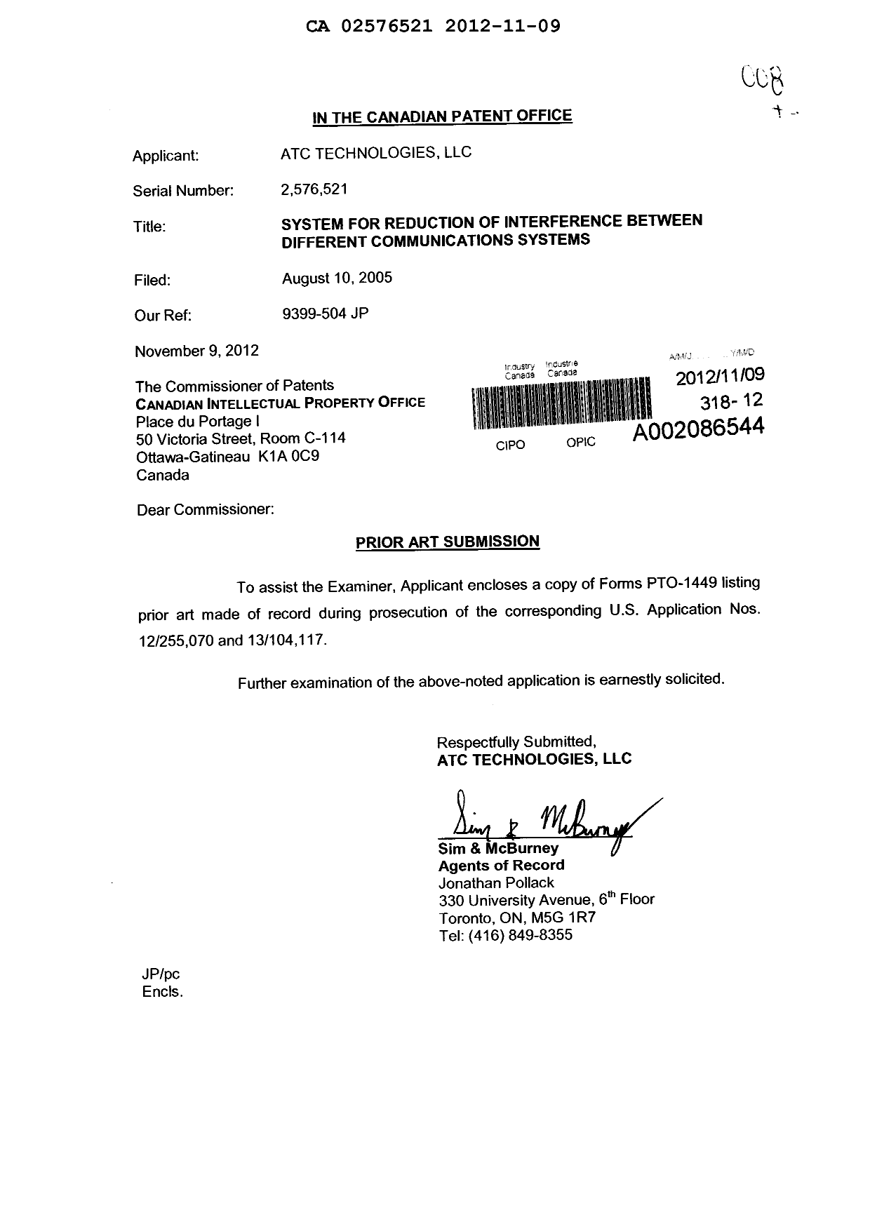 Document de brevet canadien 2576521. Poursuite-Amendment 20121109. Image 1 de 1