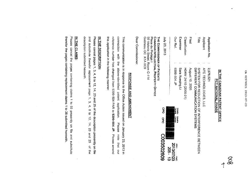 Document de brevet canadien 2576521. Poursuite-Amendment 20130723. Image 1 de 22
