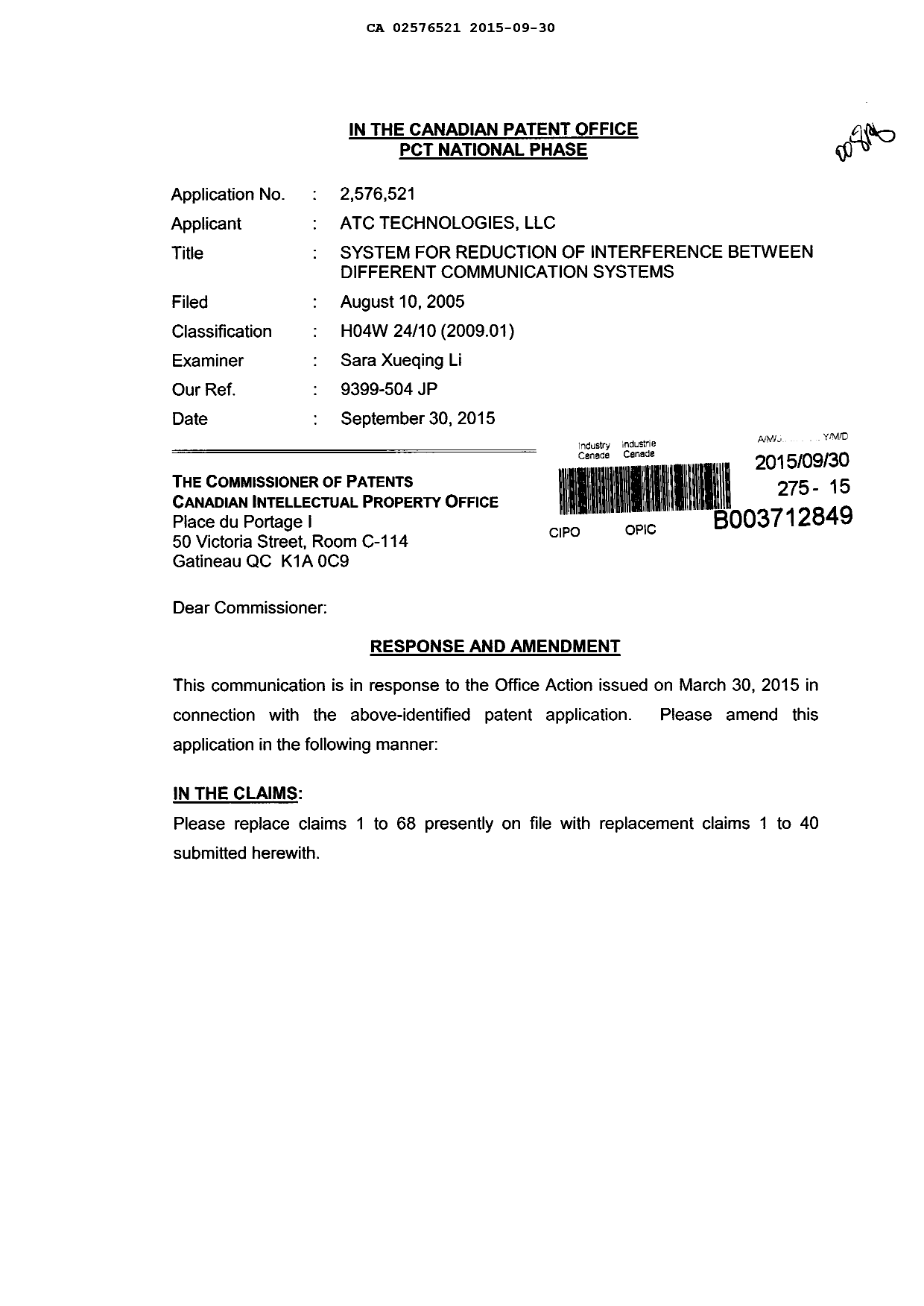Document de brevet canadien 2576521. Modification 20150930. Image 1 de 9