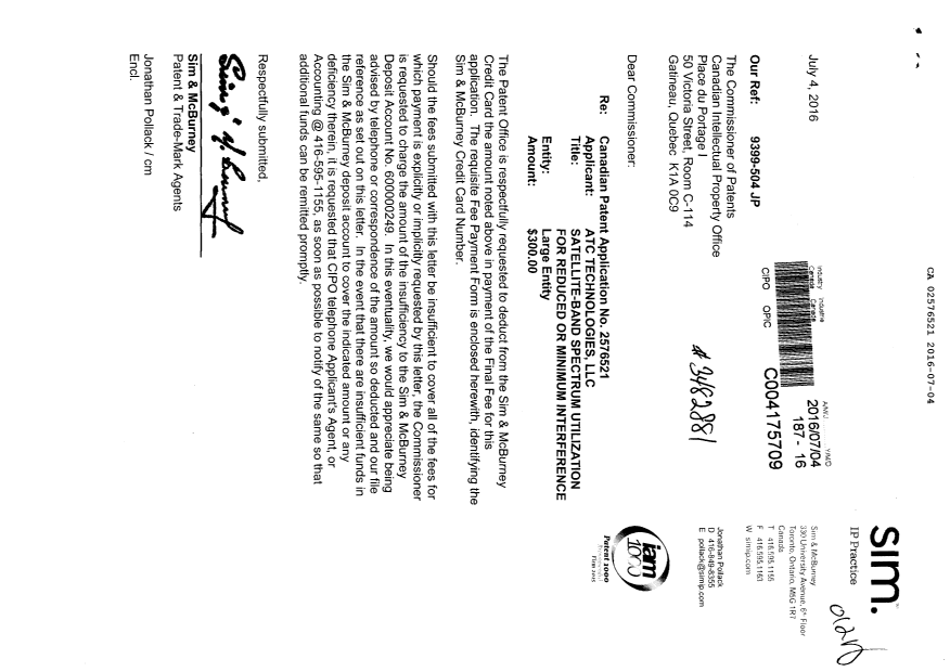 Document de brevet canadien 2576521. Taxe finale 20160704. Image 1 de 1