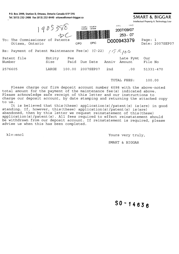 Document de brevet canadien 2576605. Taxes 20070907. Image 1 de 1