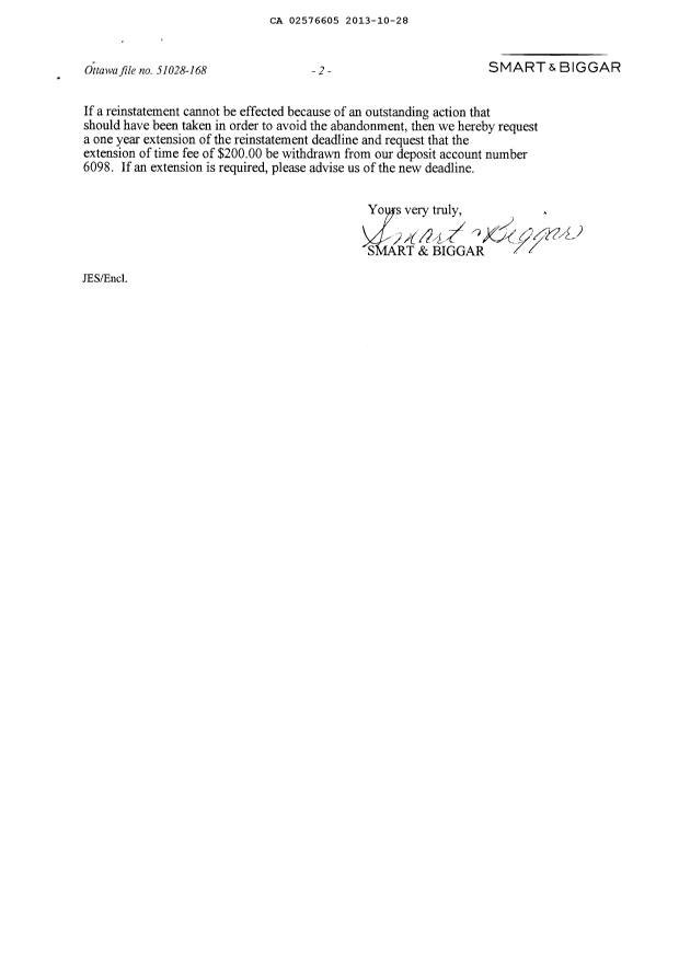 Document de brevet canadien 2576605. Correspondance 20131028. Image 2 de 2