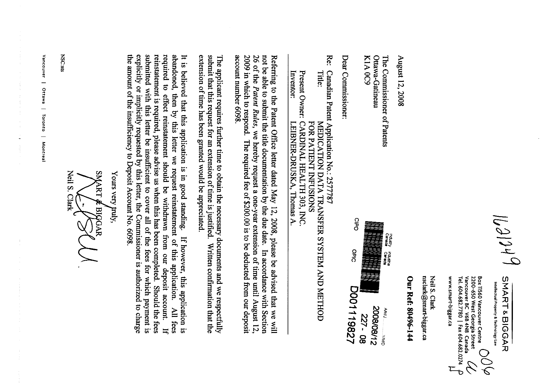 Canadian Patent Document 2577787. Correspondence 20071212. Image 1 of 1