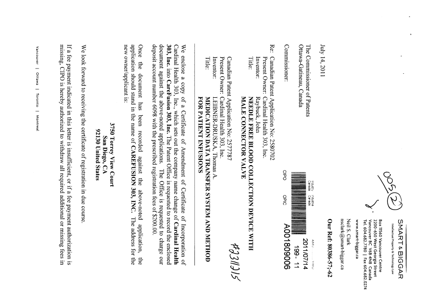 Document de brevet canadien 2577787. Cession 20101214. Image 1 de 5